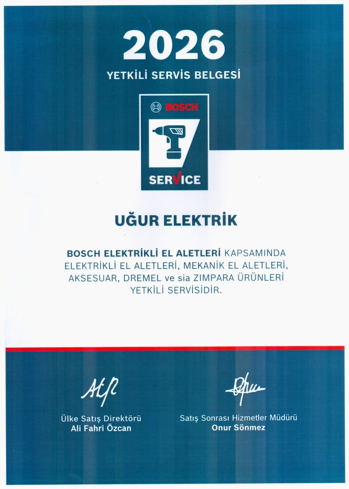 Bosch 2026 yetkili servis belgesi, Uğur Elektrik